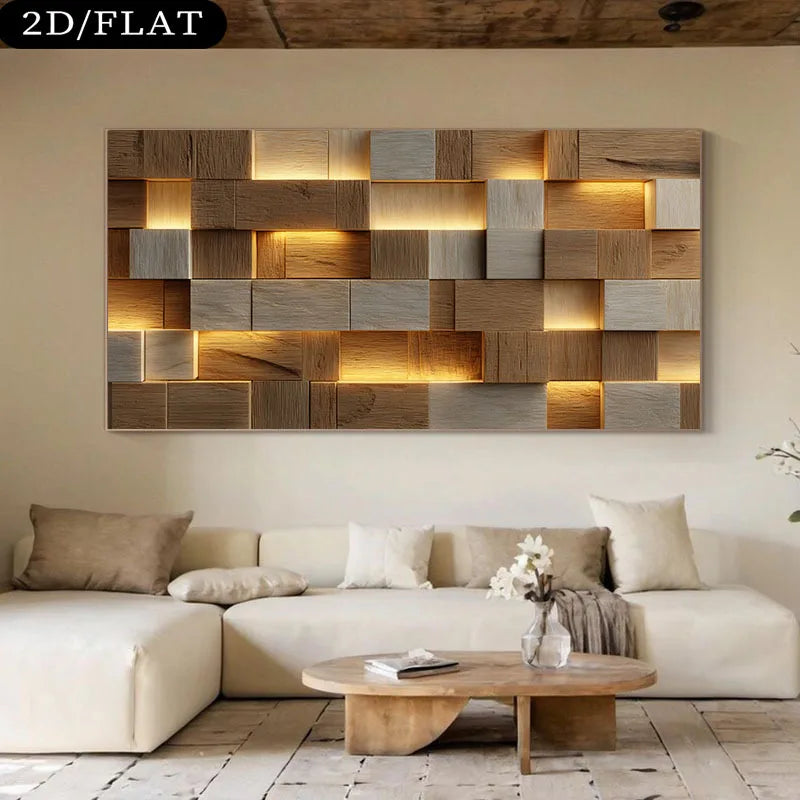 Wooden wall art piece in a living room setting with a sofa and coffee table.
