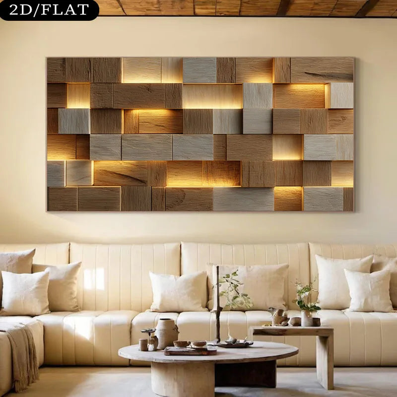Wooden wall art piece above a beige sofa in a living room setting.