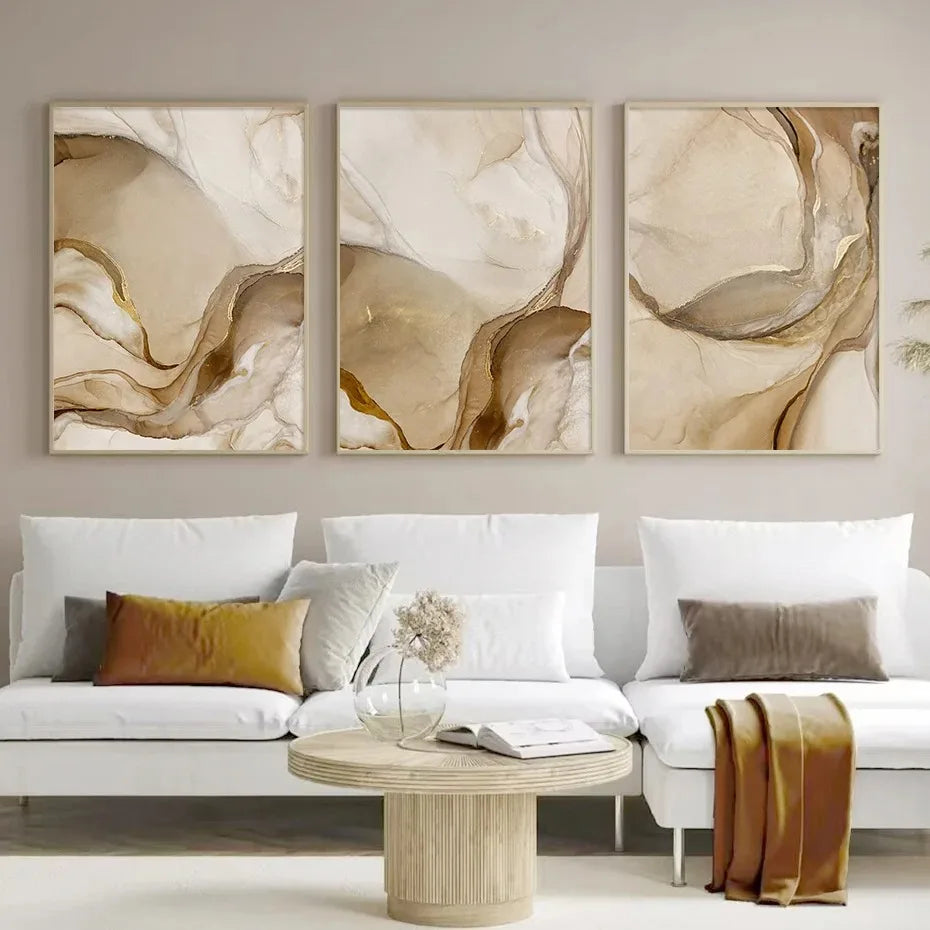 Big Sizes Golden Beige Liquid Marble Print Wall Art Fine Art Canvas Prints Pictures For Living Room Bedroom Light Luxury Home Decor