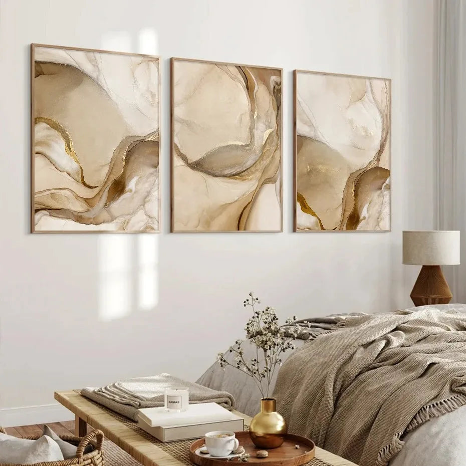 Big Sizes Golden Beige Liquid Marble Print Wall Art Fine Art Canvas Prints Pictures For Living Room Bedroom Light Luxury Home Decor