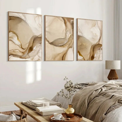 Big Sizes Golden Beige Liquid Marble Print Wall Art Fine Art Canvas Prints Pictures For Living Room Bedroom Light Luxury Home Decor