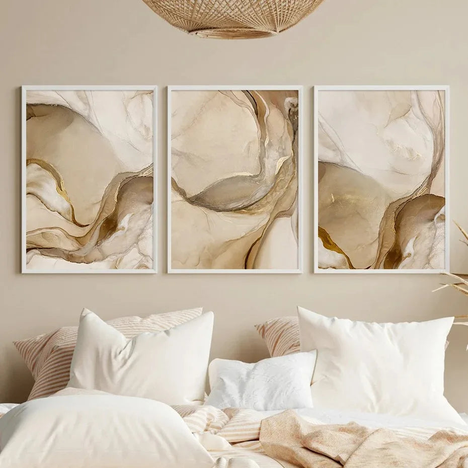 Big Sizes Golden Beige Liquid Marble Print Wall Art Fine Art Canvas Prints Pictures For Living Room Bedroom Light Luxury Home Decor