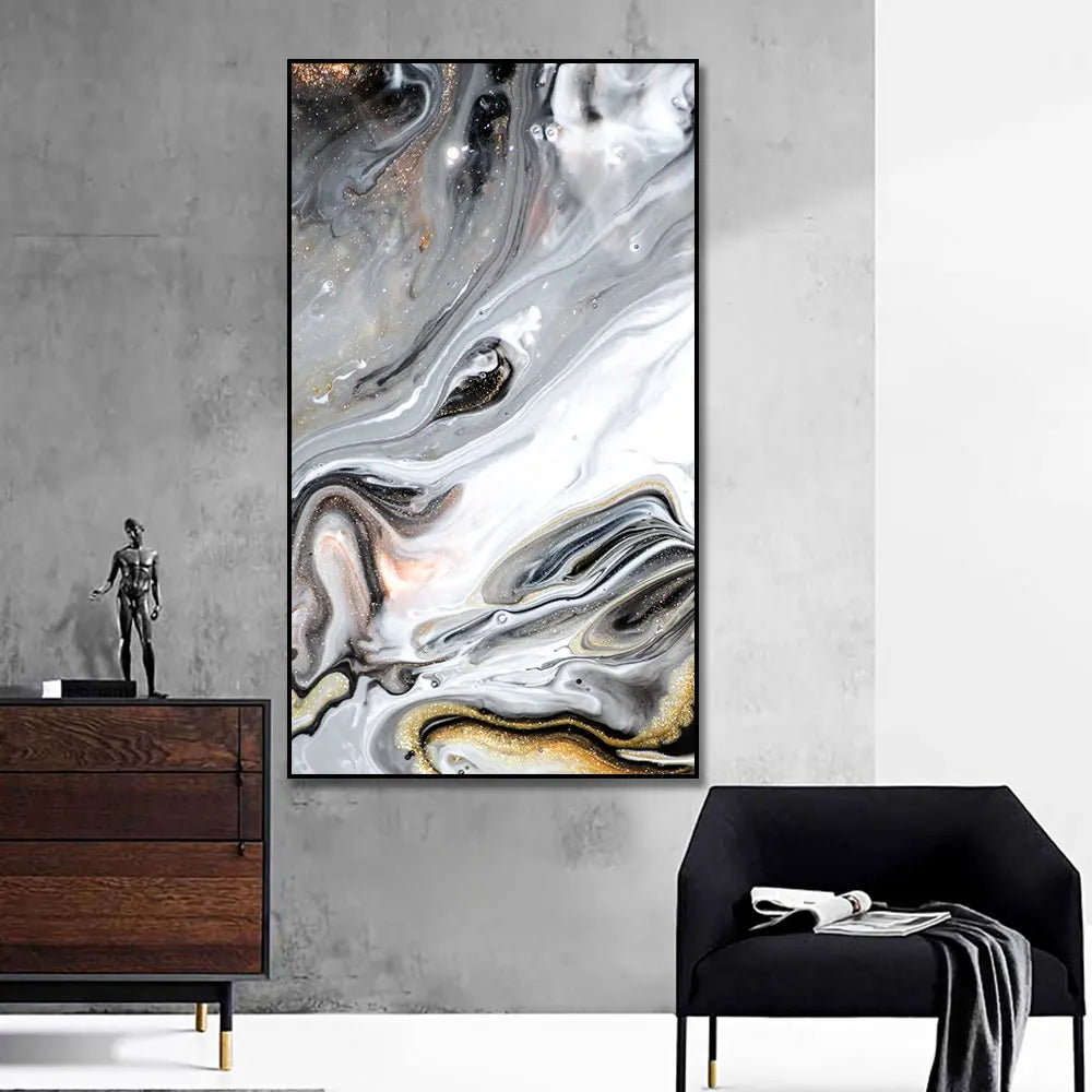 Big Sizes Golden Grey Liquid Marble Wall Art Fine Art Canvas Prints Modern Abstract Pictures For Entrance Hallway Foyer Pictures For Modern Apartment