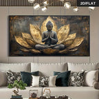 Decorative wall art of a Buddha figure within a lotus flower on a wall above a sofa.