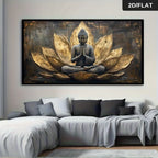 Decorative wall art of a Buddha figure on a lotus flower in a living room.
