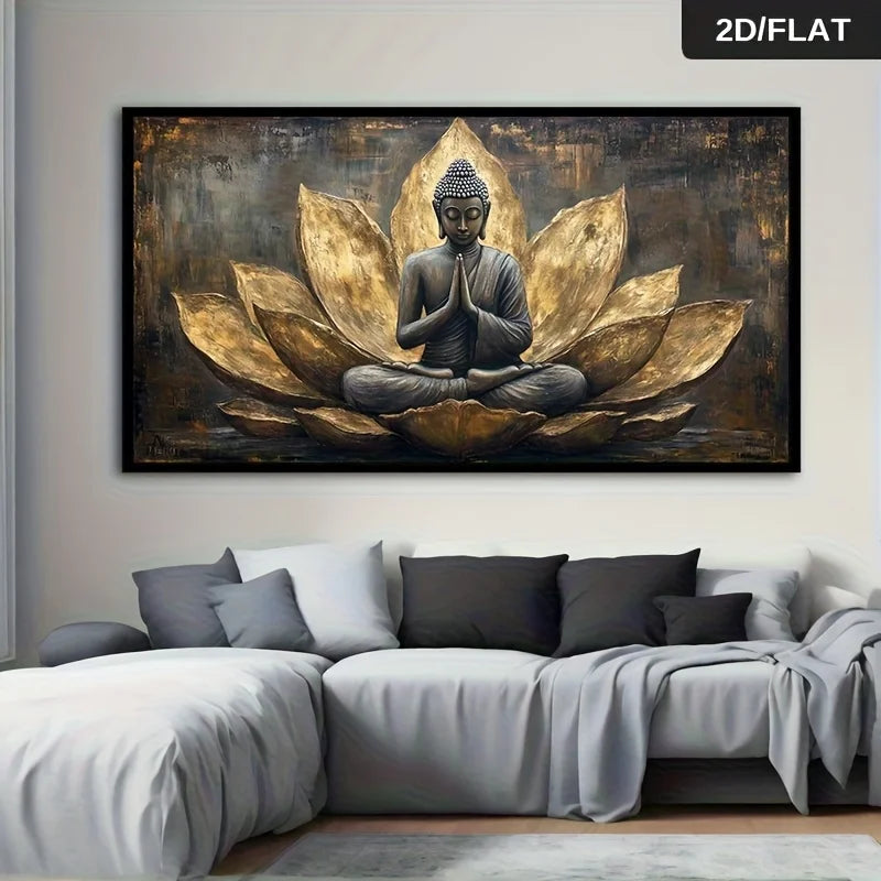 Decorative wall art of a Buddha figure on a lotus flower in a living room.