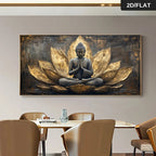 Decorative wall art of a meditating Buddha figure within a lotus flower on a gray wall above a dining table.
