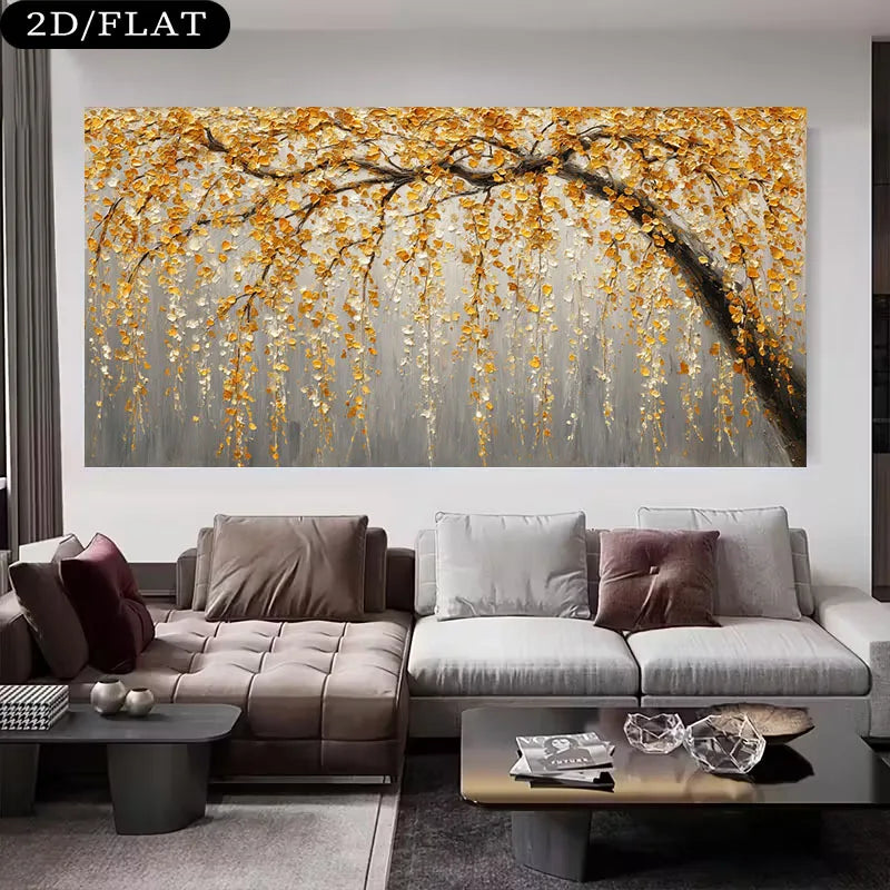 Big Sizes Golden Willow Tree Wall Art Fine Art Canvas Print Modern Abstract Botanical Artwork For Living Room Above-The-Sofa Art Decor