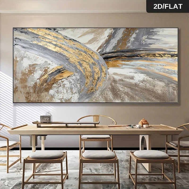 Abstract painting in a modern dining room setting with a table and chairs.