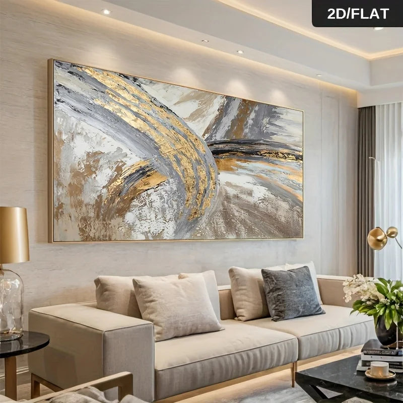 Living room with a large abstract painting on the wall, beige sofa, and decorative elements.
