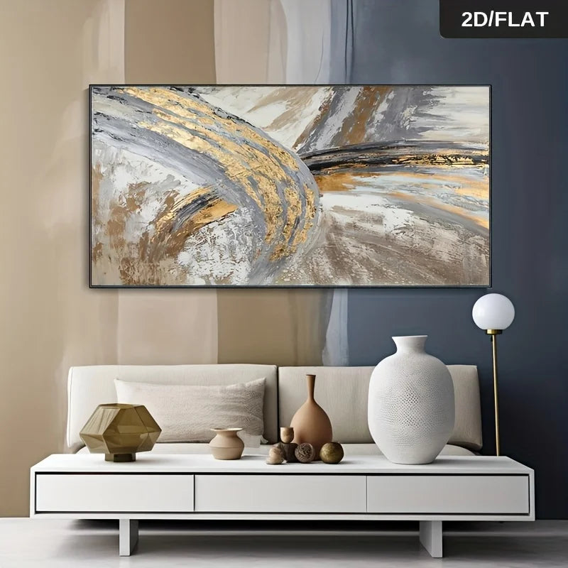 Abstract art piece on a wall above a living room setup with decor items.