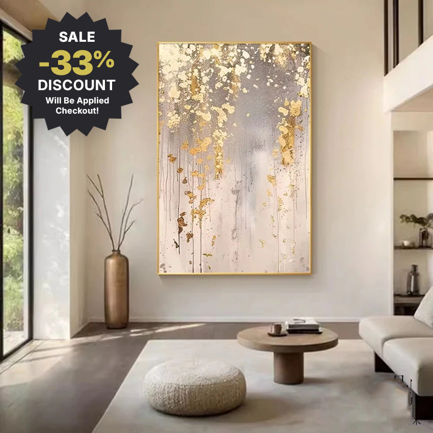 Modern living room with a large abstract painting, decorative vase, and sale discount banner.