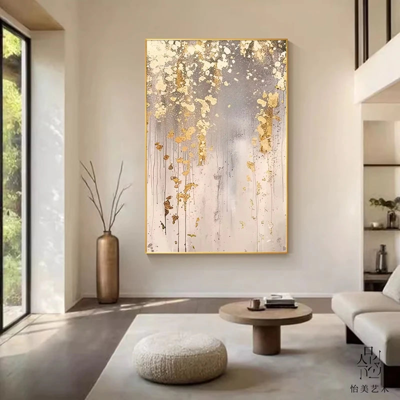 Decorative painting with gold leaves in a modern living room setting