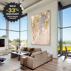 Modern living room with a large painting, sectional sofa, and sale discount banner.
