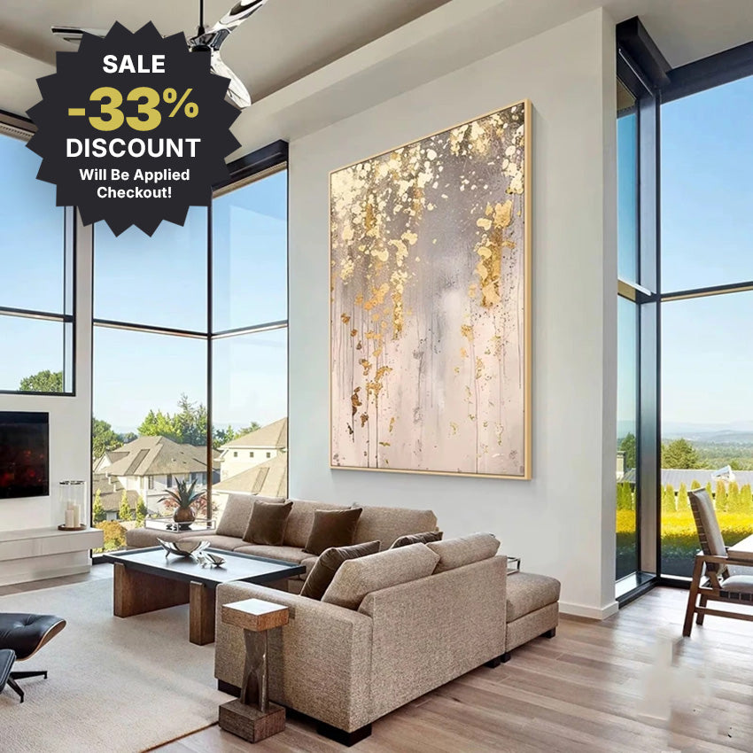 Modern living room with a large painting, sectional sofa, and sale discount banner.