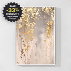 Abstract art print with gold accents on a gray background, featuring a sale discount badge.