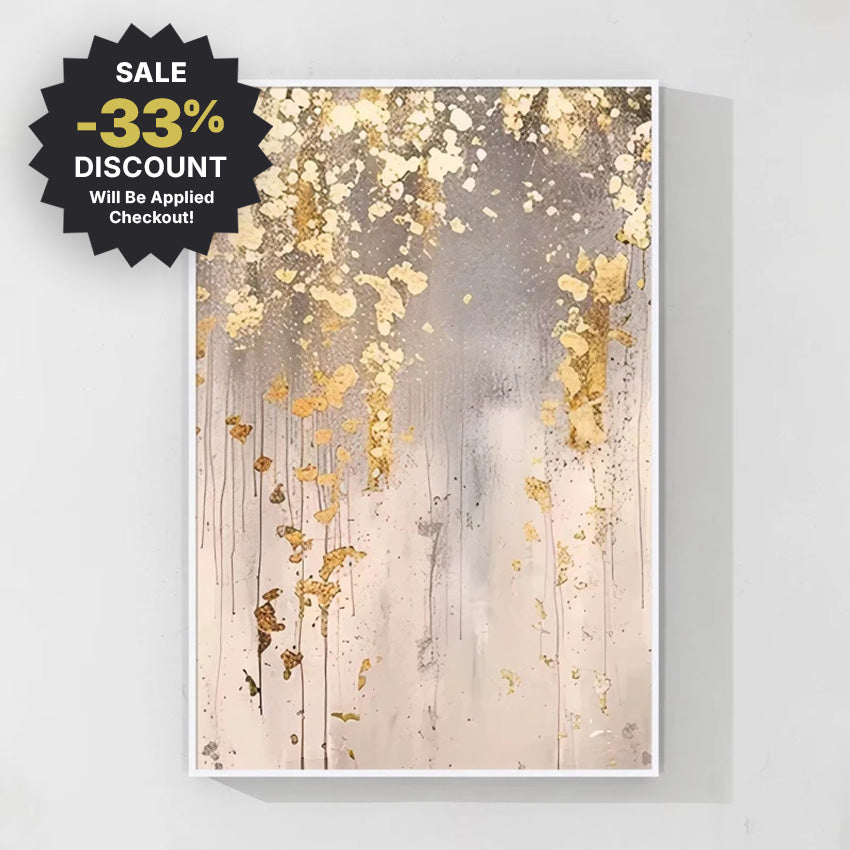 Abstract art print with gold accents on a gray background, featuring a sale discount badge.