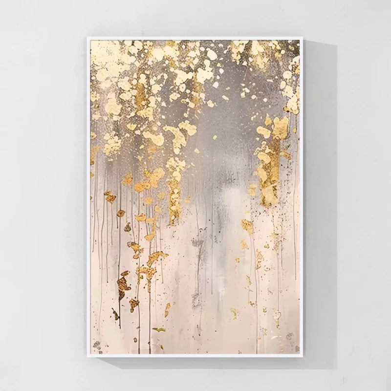 Abstract art print with gold leaf and gray tones on a white background