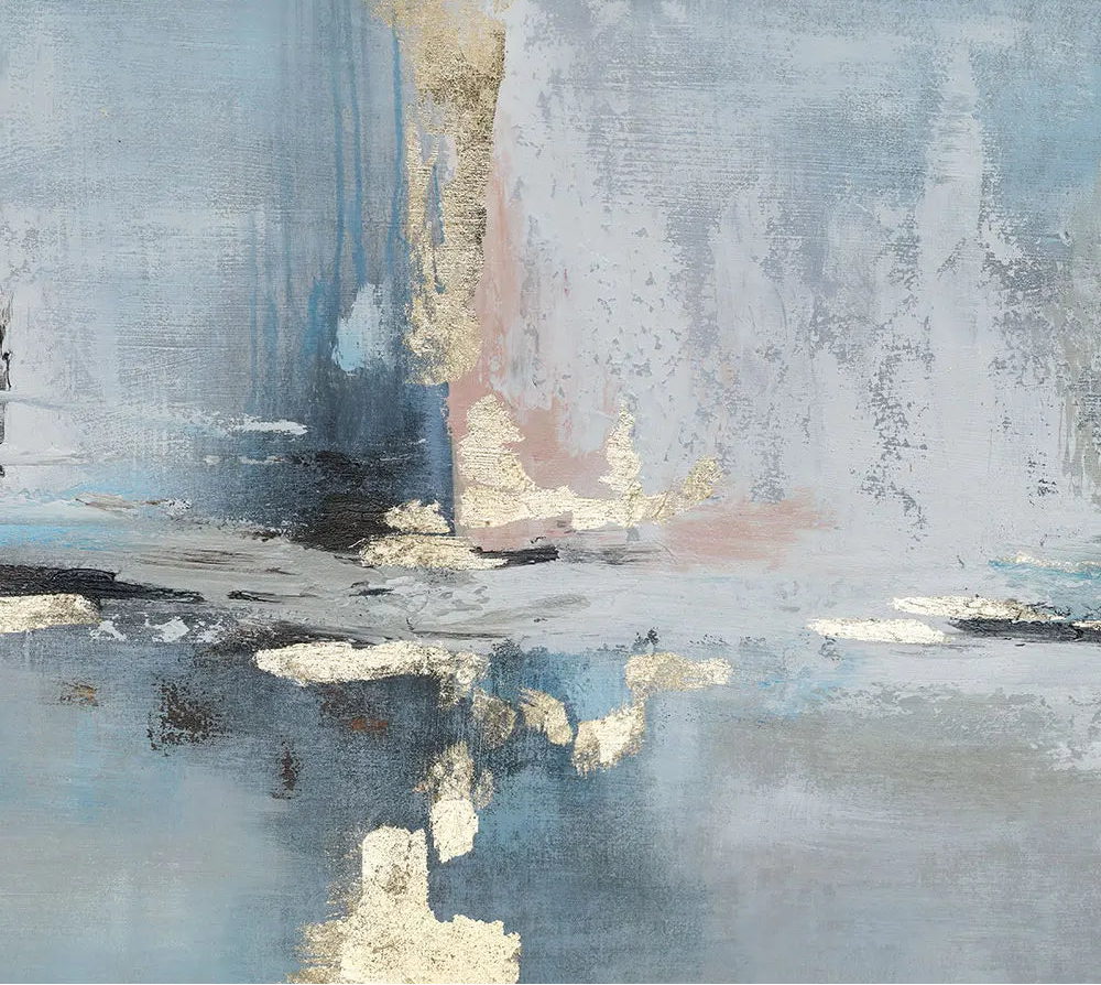 Abstract art with brush strokes in blue, white, and gold on a textured background.