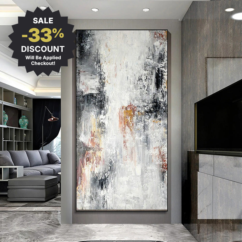 Abstract art painting in a modern living room with a discount offer.