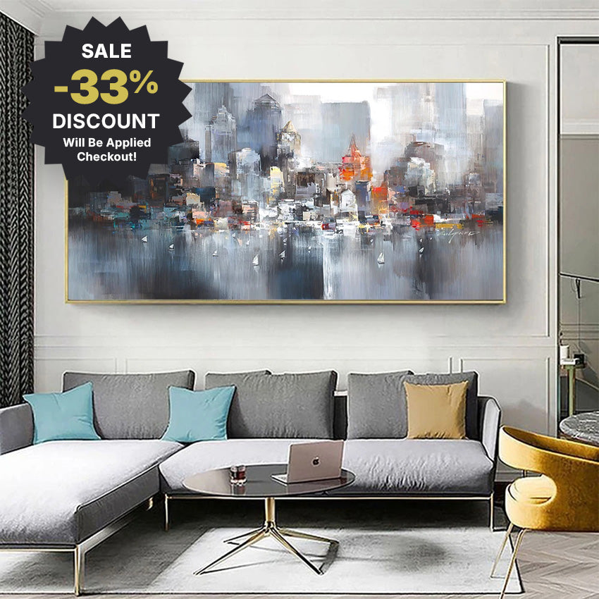 Living room with a large abstract cityscape painting and a sale banner.