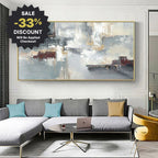 Modern living room with a large abstract painting and sectional sofa, featuring a sale discount banner.