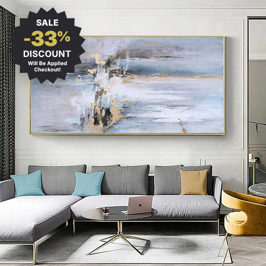 Modern living room with a large abstract painting and a sale discount banner.