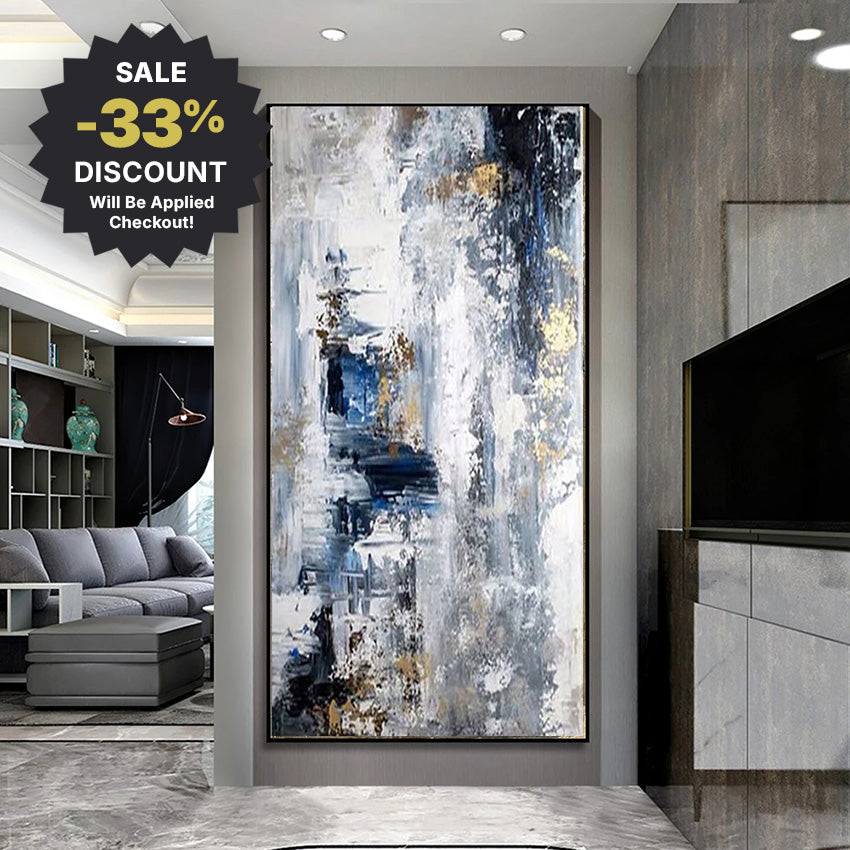 Abstract art painting in a modern living room with a discount offer.