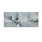 Abstract painting with soft blue, gray, and beige tones on a white background