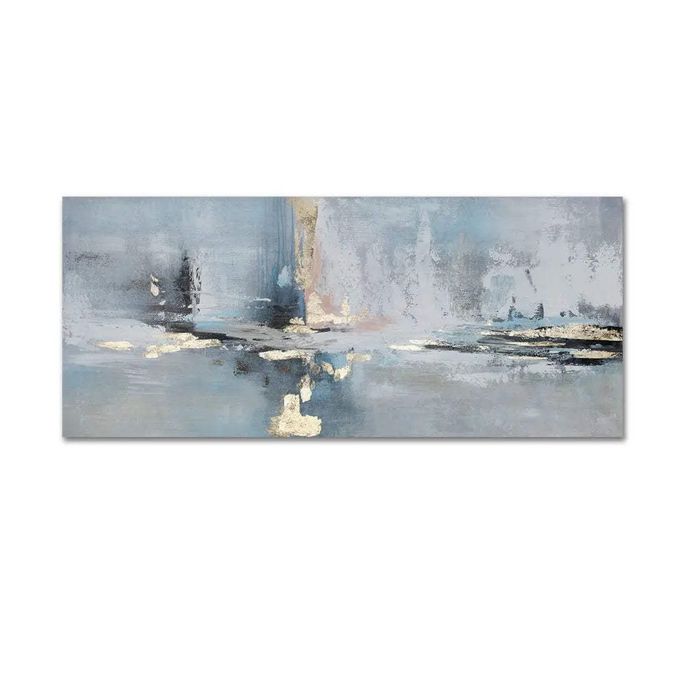 Abstract painting with soft blue, gray, and beige tones on a white background
