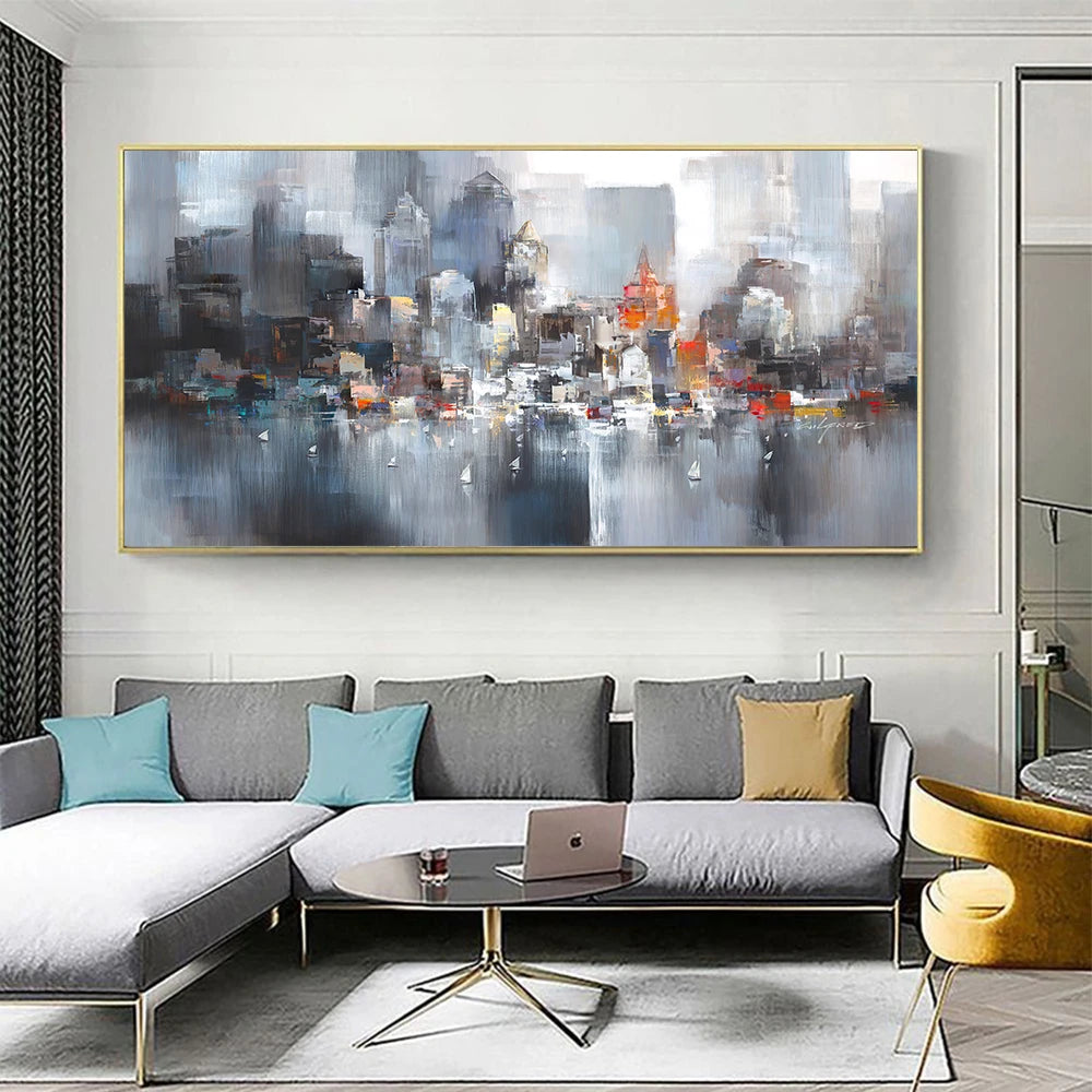 Modern living room with a large abstract cityscape painting on the wall.
