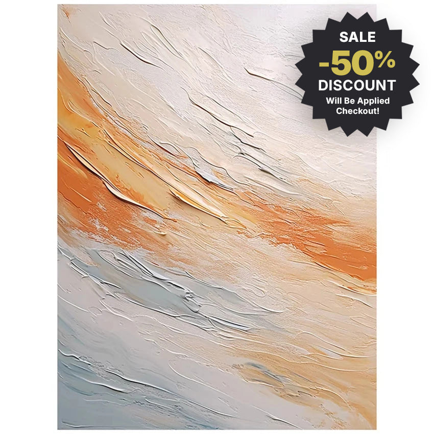 Abstract art with orange and gray brushstrokes on a white background, featuring a discount badge.