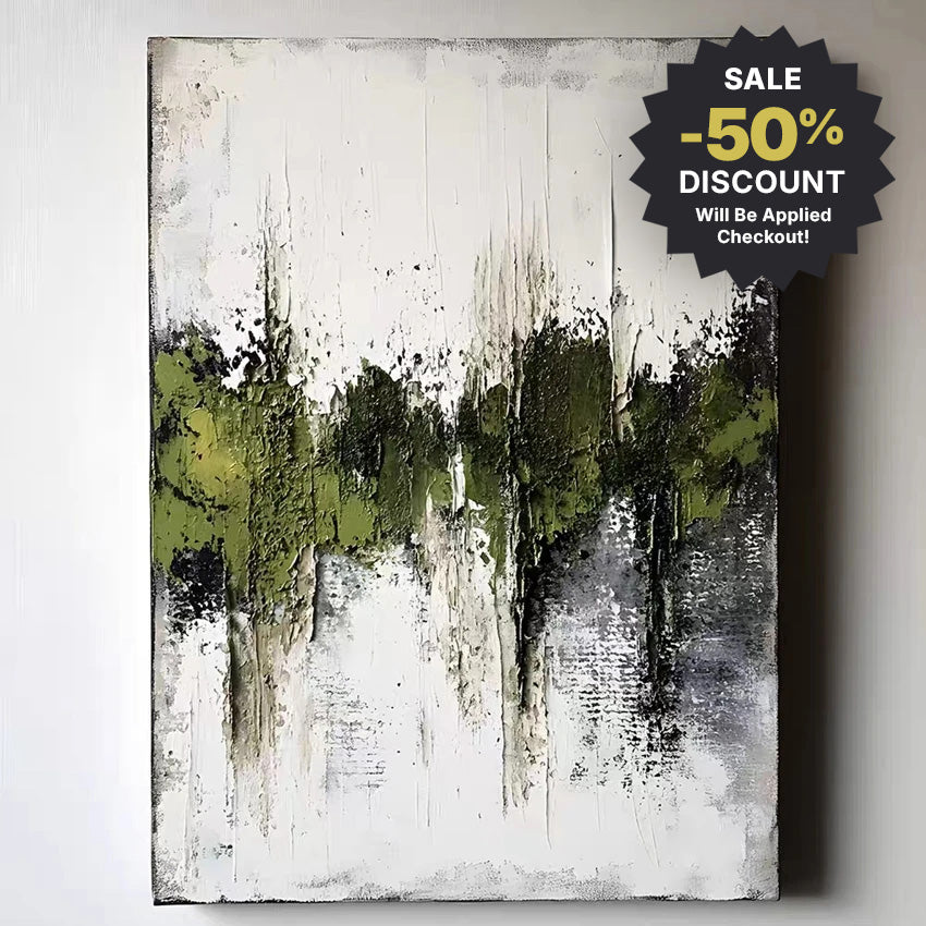 Abstract painting with green and black strokes on a white background, featuring a sale discount badge.