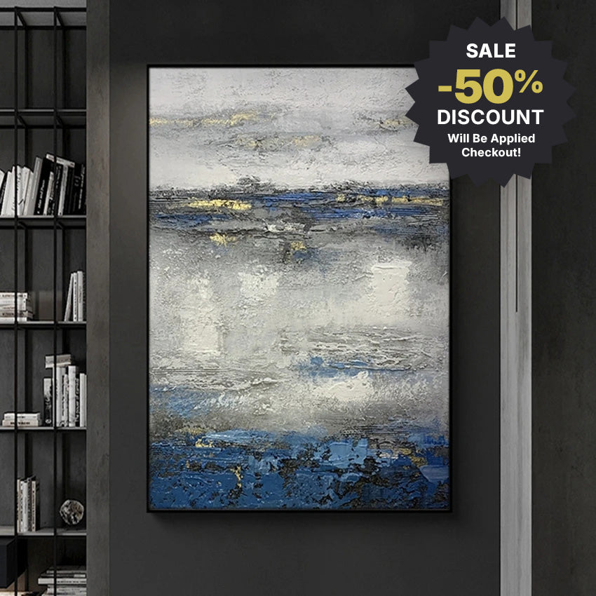 Abstract painting with a sale discount label on a dark wall