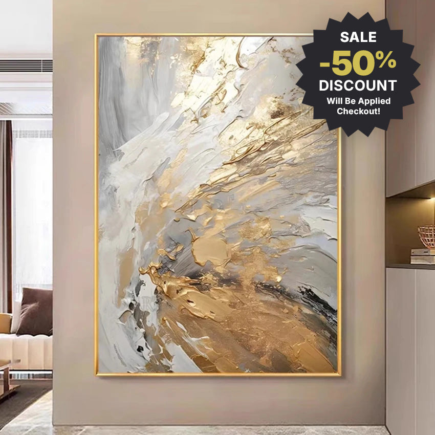 Abstract art painting with gold and gray tones in a modern living room setting, featuring a discount badge.