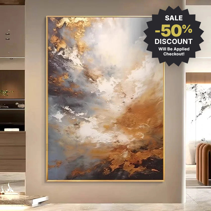 Abstract painting with a sale discount badge in a modern interior setting