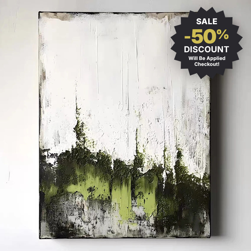 Abstract art painting with green and black accents on a white background, featuring a sale discount badge.