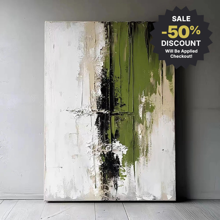 Abstract art painting with green and beige tones on a gray wall.