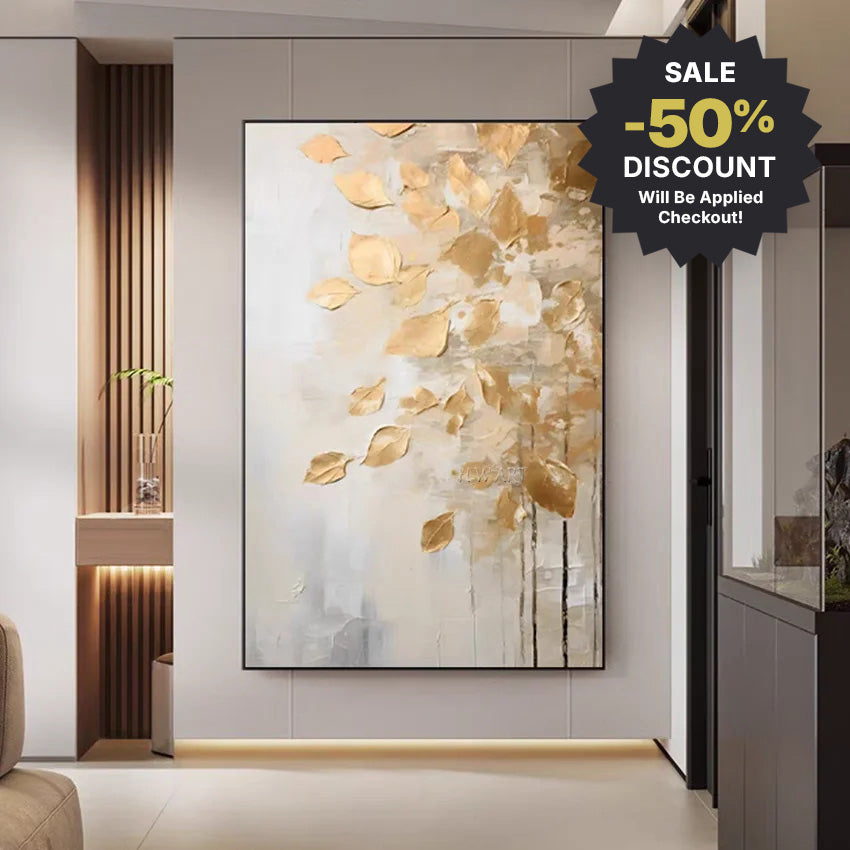 Abstract art painting with gold leaves in a modern interior setting, featuring a sale discount banner.