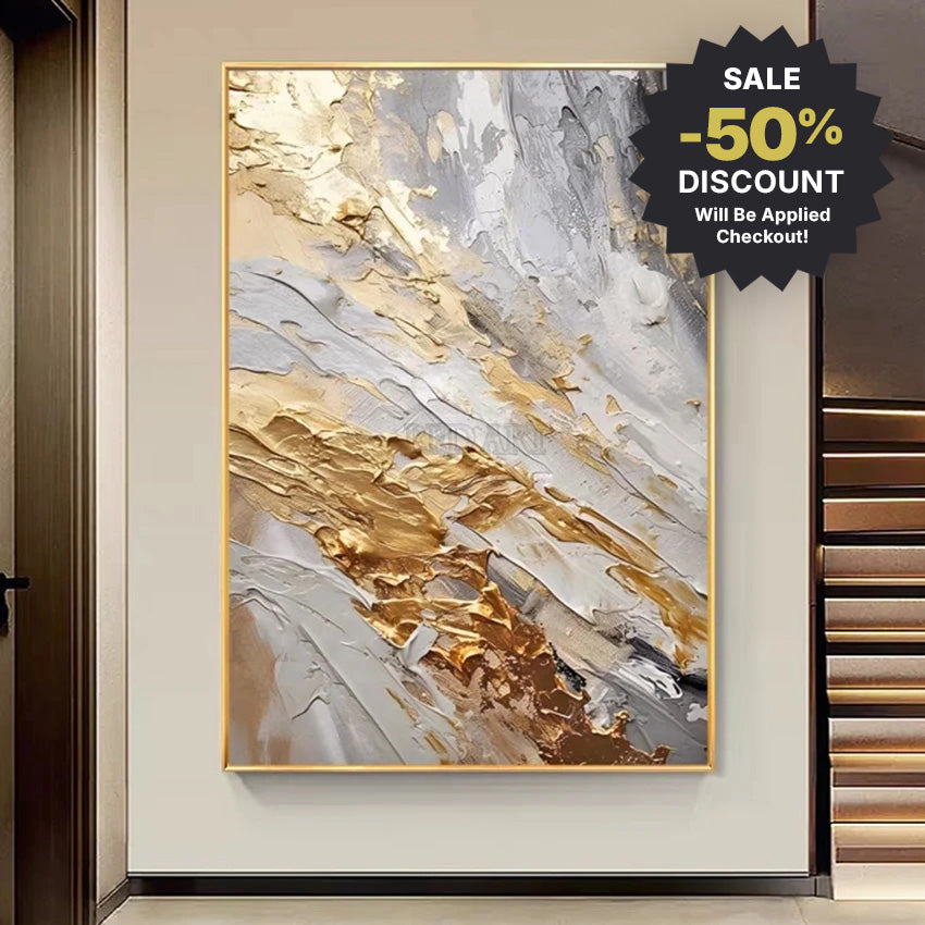 Abstract art painting with gold and gray tones on a wall, with a discount banner.