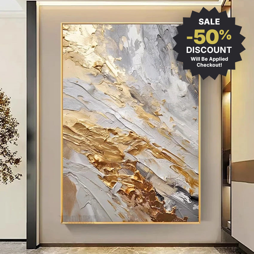Abstract art painting with gold and gray tones in a modern interior setting, featuring a discount badge.