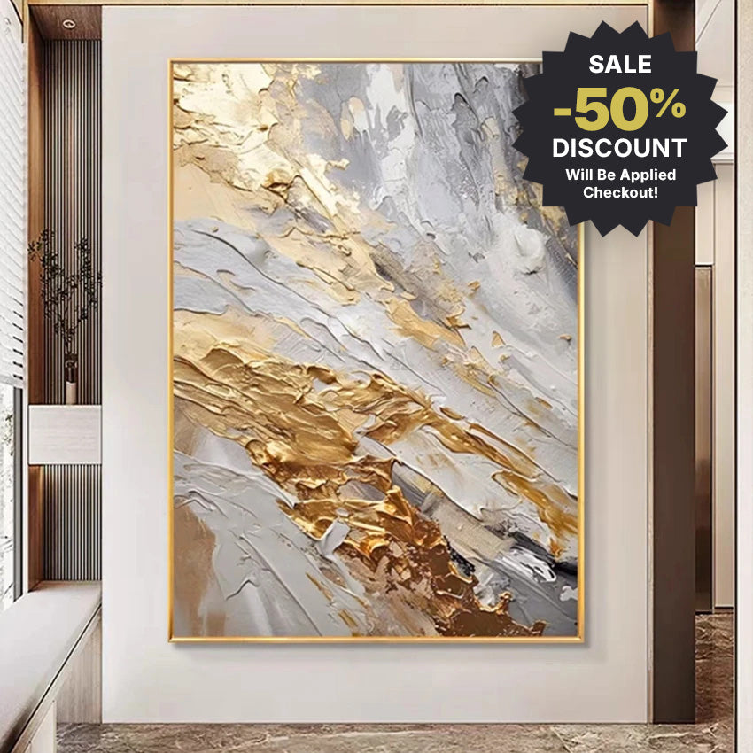 Abstract art painting with gold and gray tones in a modern interior setting, featuring a discount banner.