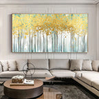 Living room with a large abstract painting of trees on the wall above a sectional sofa.