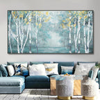 Living room with a large abstract painting of trees on the wall.