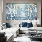 Modern living room with a large abstract painting of trees on the wall.