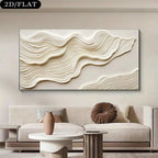 Abstract wall art with wavy patterns on a beige wall above a modern sofa.