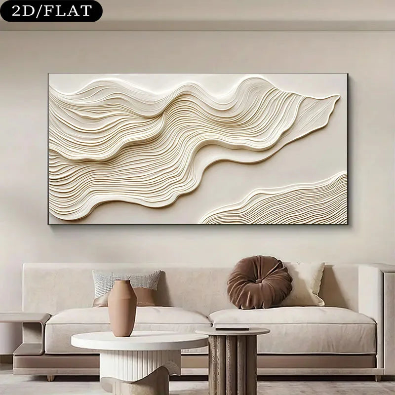 Abstract wall art with wavy patterns on a beige wall above a modern sofa.
