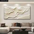 Abstract wall art with wavy lines in a modern living room setting.
