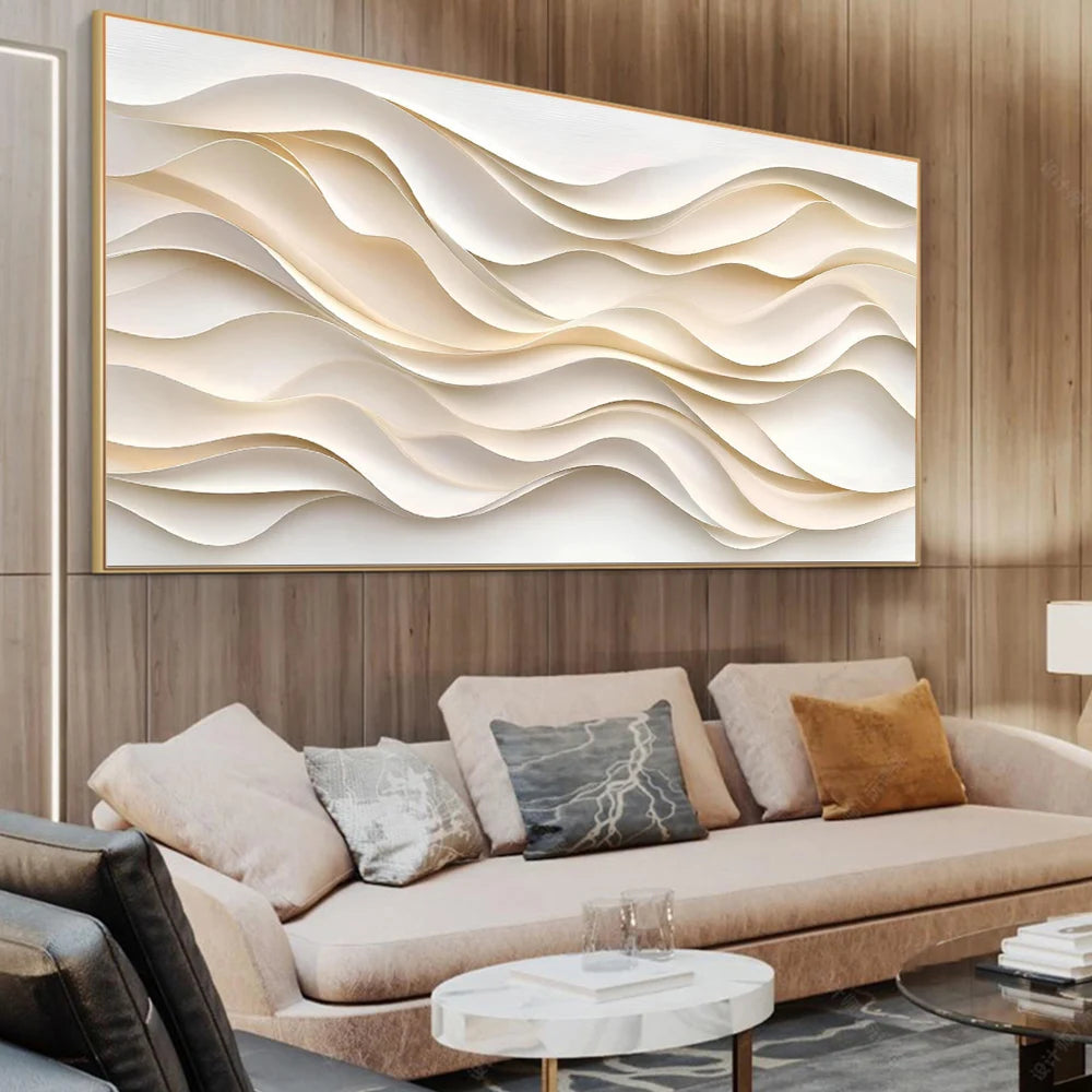 Living room with a beige sofa and abstract wall art