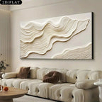 Abstract wall art with wavy patterns on a beige wall above a sofa.